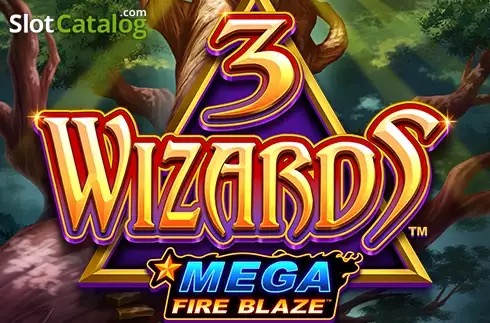 Arte oficial de Mega Fire Blaze: 3 Wizards, de Rarestone Gaming para Playtech, con los tres magos (azul, verde y rojo) sobre un bosque místico