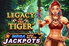 Pantalla principal de Mega Fire Blaze Jackpots: Legacy of the Tiger, con la guerrera de la selva, el tigre wild y símbolos de luna sobre fondo de jungla