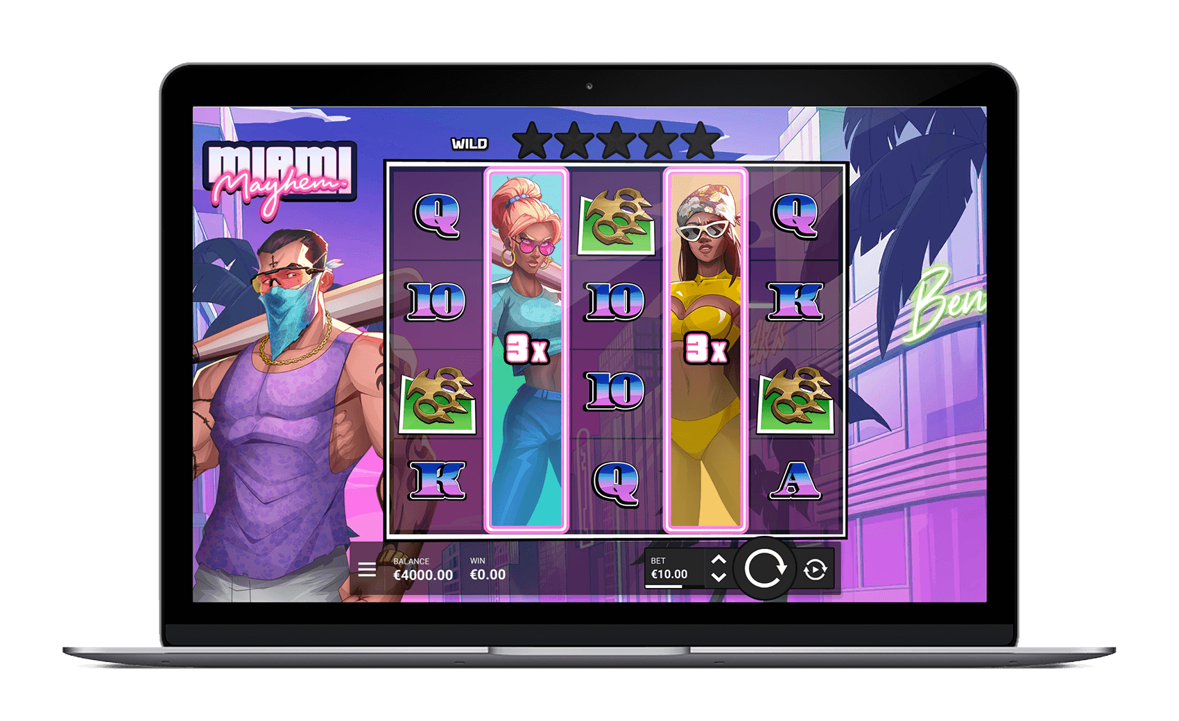 Escena de crimen estilo ochentero en Miami con la banda de cinco criminales de la tragamonedas Miami Mayhem de Hacksaw Gaming