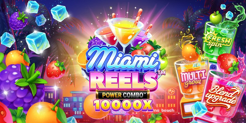 Pantalla de la tragamonedas Miami Reels Power Combo V94 de Foxium, con rodillos dentro de un food truck en un escenario tropical de Miami