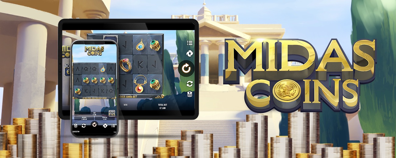 Arte oficial de la tragamonedas Midas Coins de Quickspin, con el Rey Midas y monedas doradas en un escenario de Grecia antigua
