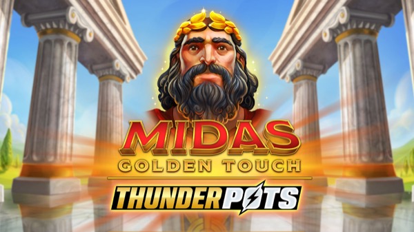 Arte oficial de la tragamonedas Midas Golden Touch: Thunder Pots de Thunderkick, con tema del Rey Midas y templo dorado
