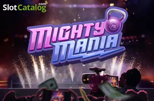 Pantalla de la tragamonedas Mighty Mania de PG Soft, con personajes musculosos de gimnasio, pesas y símbolos de energía sobre una cuadrícula de 6x4