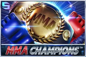 Pantalla de la tragamonedas MMA Champions mostrando peleadores de MMA, guantes y cinturones de campeón sobre los rodillos del juego