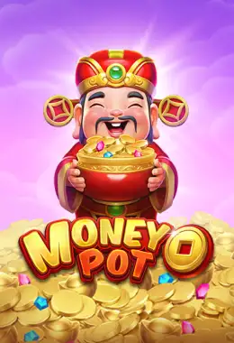Pantalla de la tragamonedas Money Pot con el dios Caishen, la olla dorada de monedas y símbolos de fortuna en cuadrícula 3x3 sobre fondo rojo y dorado