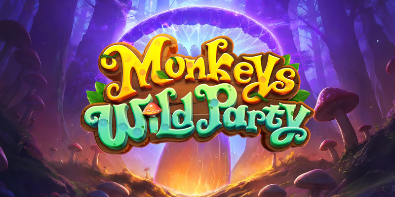 Pantalla de la tragamonedas Monkeys Wild Party de PG Soft, con monos de fiesta en la selva, frutas y símbolos de cartas sobre una cuadrícula 5x5
