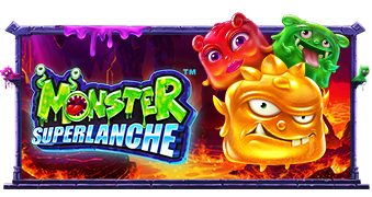 Arte oficial de la tragamonedas Monster Superlanche de Pragmatic Play, con monstruos caricaturescos en una cueva