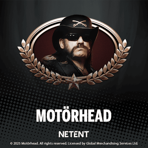 Pantalla del juego Motorhead Video Slot de NetEnt con símbolos de rock y el logo de la banda Motörhead en los rodillos