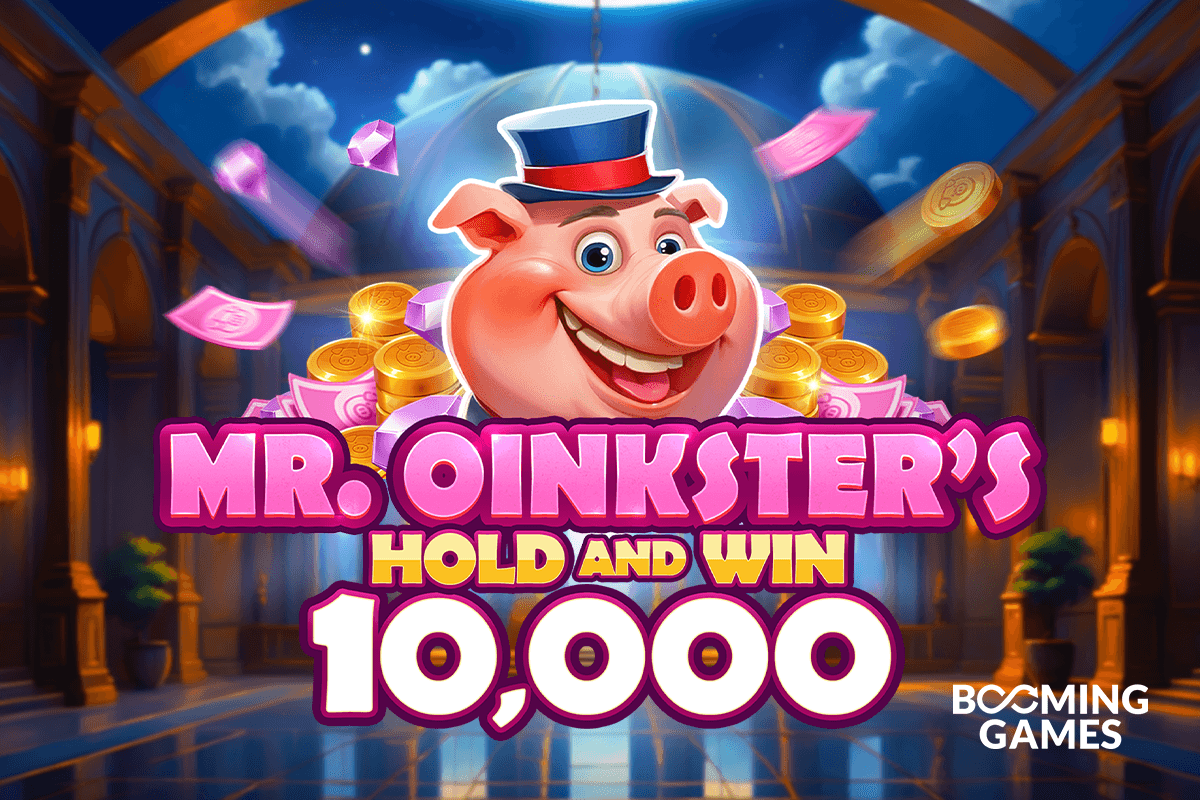 Pantalla de la tragamonedas Mr. Oinkster's Hold and Win 10,000 de BoomingGames, con el cerdo mascota Mr. Oinkster en una bóveda de monedas y alcancías doradas en forma de cerdito