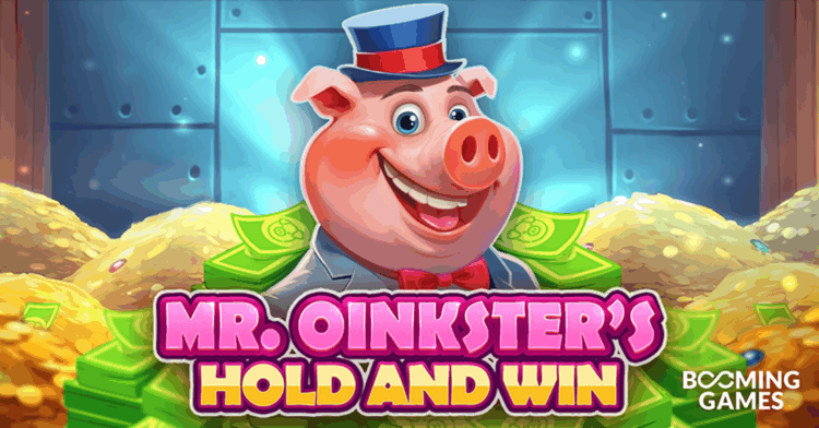 Pantalla de la tragamonedas Mr. Oinksters Hold and Win de BoomingGames, con un cerdo mascota de esmoquin rodeado de monedas y una caja fuerte