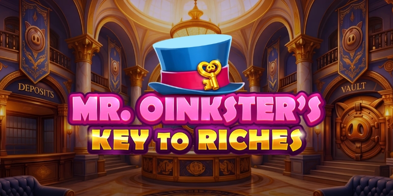 Arte oficial de la tragamonedas Mr Oinkster's Key To Riches de Booming Games, con el cerdo millonario Mr. Oinkster, su bóveda y monedas doradas de fondo