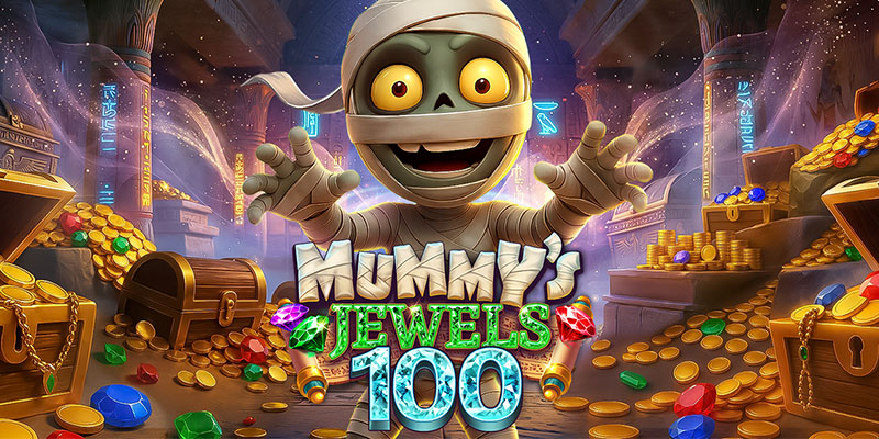 Arte oficial de la tragamonedas Mummys Jewels 100 de Pragmatic Play, con una momia egipcia rodeada de joyas y símbolos como Cleopatra y Anubis