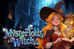 Pantalla de la tragamonedas Mysterious Witch de KA Gaming, con la bruja-título y símbolos de magia en los rodillos