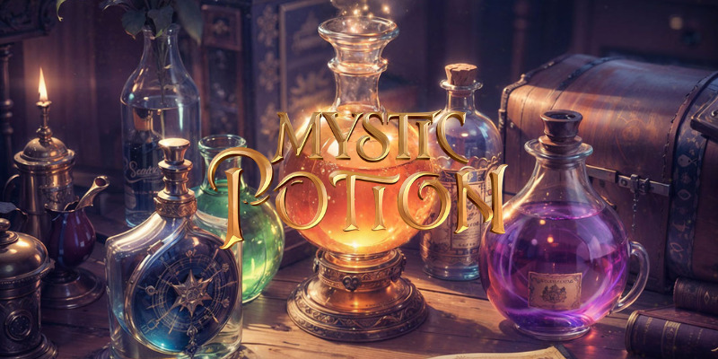 Pantalla de la tragamonedas Mystic Potion de PG Soft, con calderos, pociones y símbolos gigantes de multiplicador sobre la cuadrícula