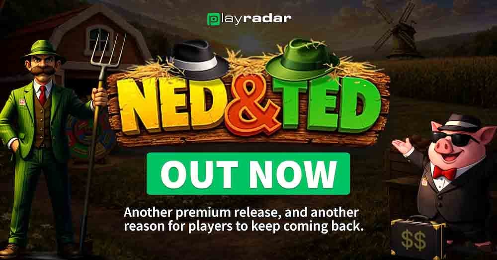 Imagen promocional de la tragamonedas Ned&Ted de Playradar, con el granjero Ned y el cerdo de esmoquin Ted