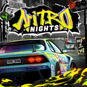 Auto deportivo con luces de neón en una carrera nocturna del slot Nitro Nights