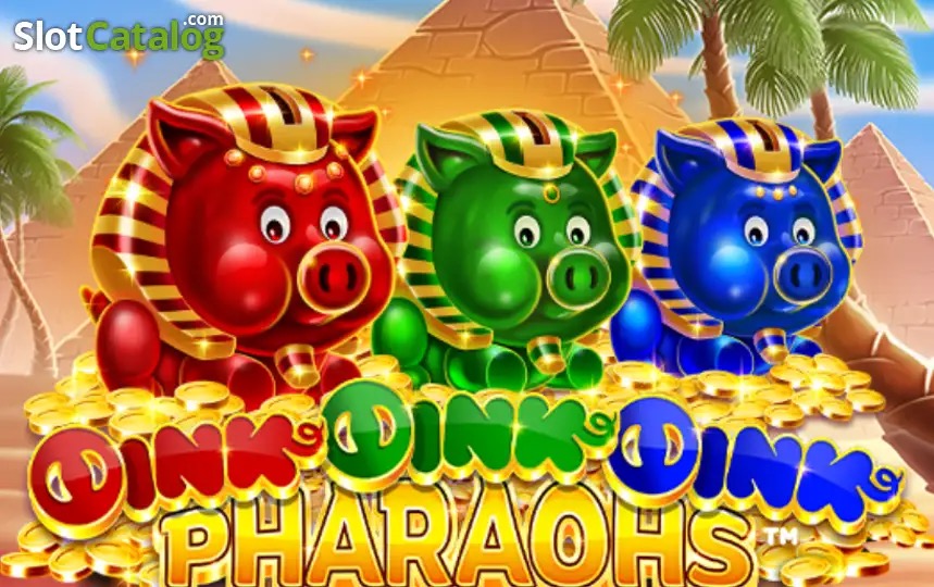 Pantalla principal de Oink Oink Oink Pharaohs, con cerdos vestidos de faraón frente a pirámides y tres alcancías de colores a los lados de la cuadrícula