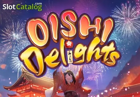 Pantalla de la tragamonedas Oishi Delights de PG Soft, con Misaki en un puesto de comida japonesa y símbolos de platillos callejeros