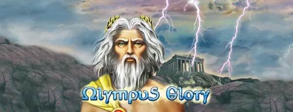 Zeus y el panteón griego rodeados de rayos dorados en la tragamonedas Olympus Glory