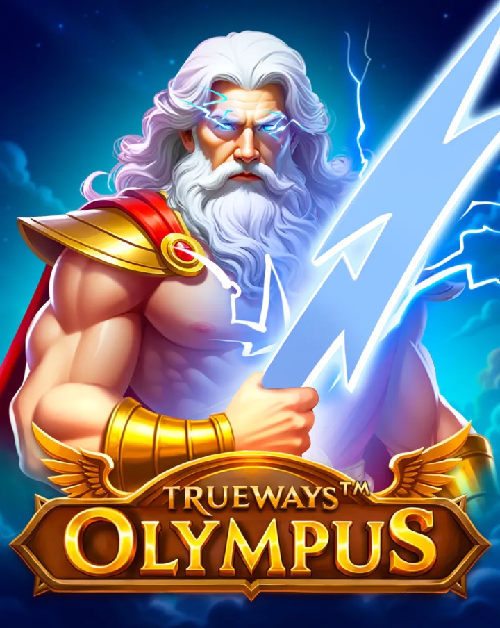 Pantalla de la tragamonedas Olympus TRUEWAYS de BGaming, con dioses griegos, rayos de Zeus y columnas del Monte Olimpo