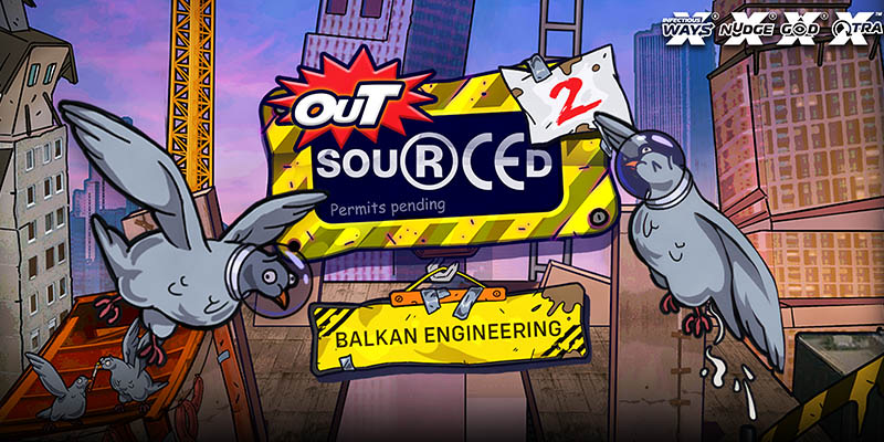 Arte oficial de la tragamonedas Outsourced 2: Balkan Engineering de Nolimit City, con una obra en construcción y trabajadores al estilo de la saga Outsourced