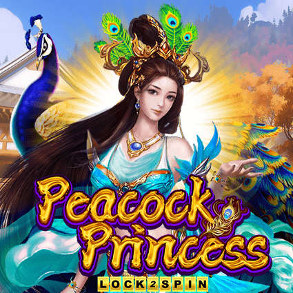 Pantalla de la tragamonedas Peacock Princess Lock 2 Spin con tema de palacio oriental y la princesa-pavo real en primer plano