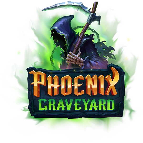Logo de Phoenix Graveyard con un fénix en llamas sobre un cementerio sombrío
