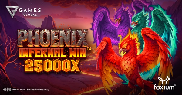 Pantalla de la tragamonedas Phoenix Infernal Win de Foxium, con una fénix en llamas sobre un paisaje volcánico