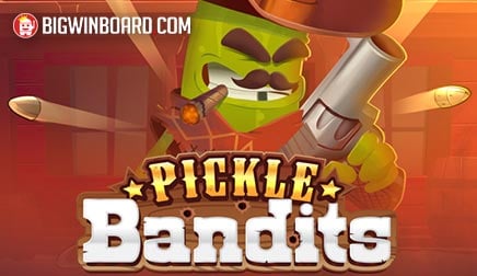 Arte oficial de la tragamonedas Pickle Bandits de Bullshark Games/Hacksaw Gaming, con pepinillos forajidos en el viejo oeste
