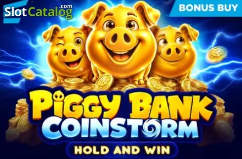 Pantalla de la tragamonedas Piggy Bank: Coinstorm de Evoplay, con un cochinito alcancía dorado en un entorno de granja