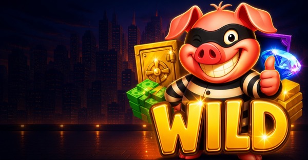 Arte oficial de la tragamonedas Piggy Bank Heist de TomHornGaming, con un cerdo ladrón asaltando un banco en estilo caricatura