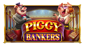 Arte oficial de la tragamonedas Piggy Bankers de Pragmatic Play, con cerditos banqueros