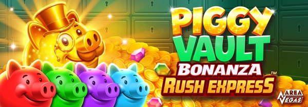 Arte oficial de la tragamonedas Piggy Vault Bonanza Rush Express de AreaVegas Games, con bóvedas bancarias doradas