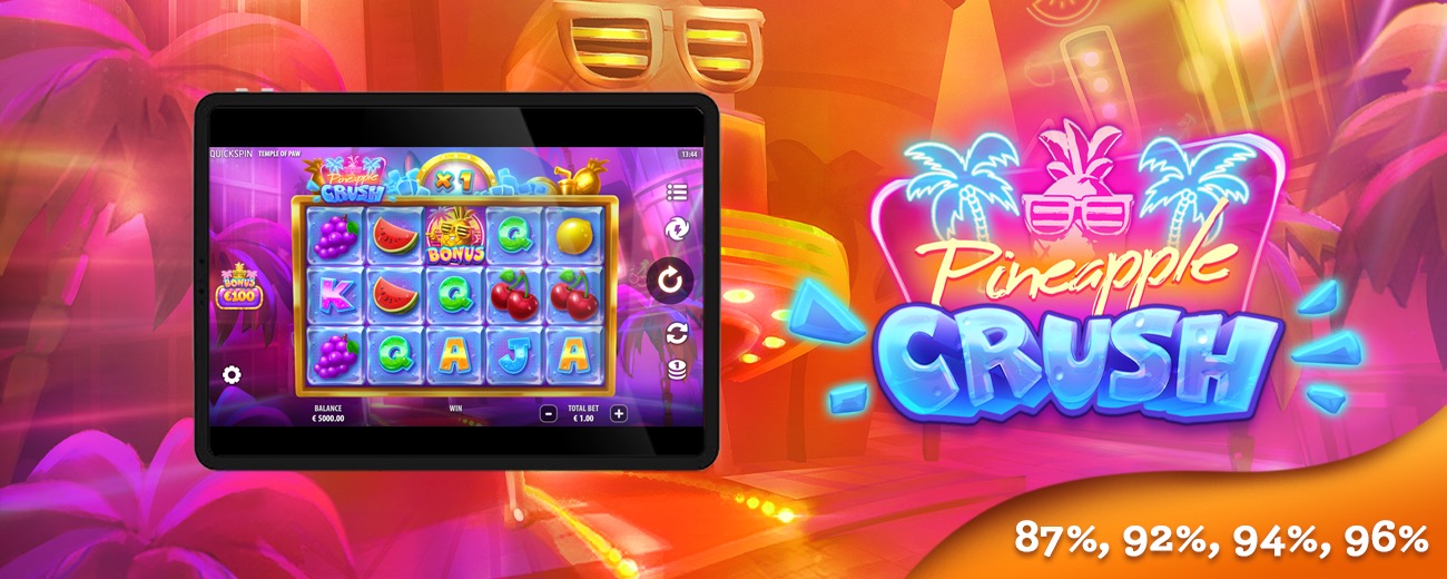 Cóctel de piña y símbolos tropicales en la tragamonedas de playa Pineapple Crush de Quickspin
