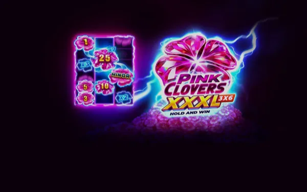 Pantalla de la tragamonedas Pink Clovers XXXL: Hold and Win, con tréboles de la suerte color rosa y símbolos de fruta en cuadrícula verde