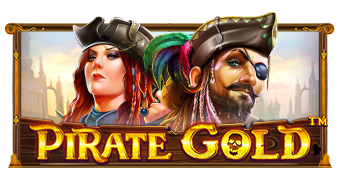 Barco pirata, cofre del tesoro y sacos de dinero dorados en Pirate Gold