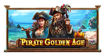 Arte oficial de la tragamonedas Pirate Golden Age de Pragmatic Play, con piratas y cofres del tesoro