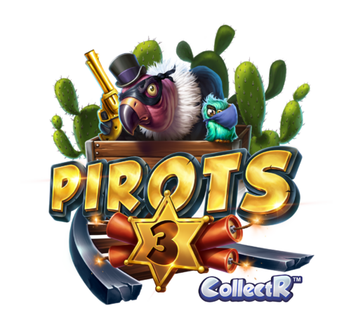 Arte oficial de Pirots 3 de ELK Studios mostrando a los papagayos pistoleros en un escenario de viejo oeste con tren y bandido.