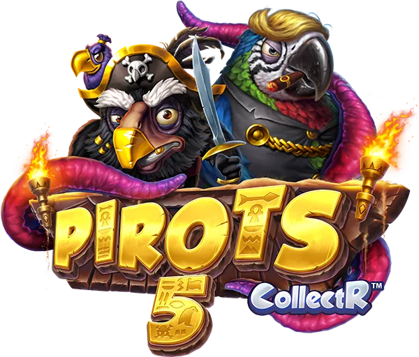 Arte oficial de Pirots 5 de ELK Studios mostrando a la tripulación de papagayos en una tumba egipcia con trampas y el fantasma Capitán Blackfeather.