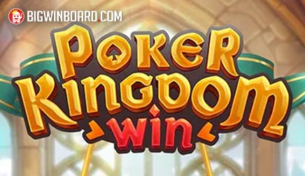 Arte oficial de la tragamonedas Poker Kingdom Win de PG Soft, con cartas de póker coronadas, un castillo medieval y símbolos reales de fondo