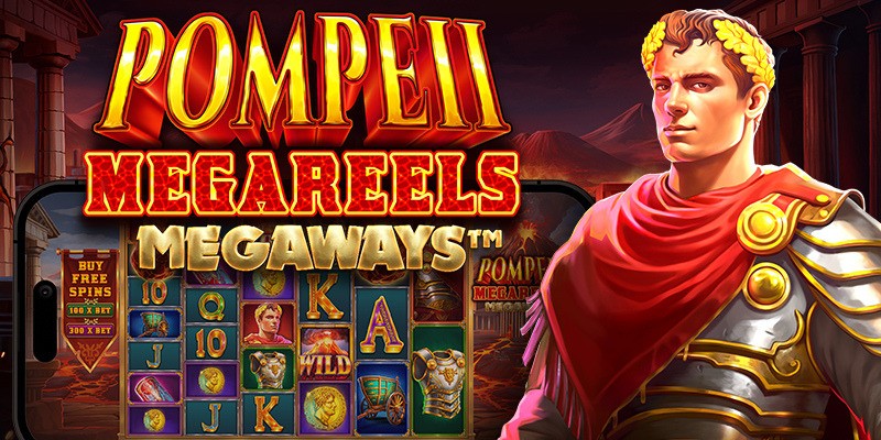 Arte oficial de la tragamonedas Pompeii Megareels Megaways de Pragmatic Play, con la ciudad de Pompeya en llamas