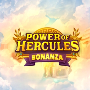 Arte oficial de la tragamonedas Power of Hercules Bonanza de BoomingGames, con Hércules y templos griegos