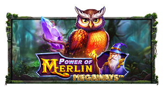 Arte oficial de la tragamonedas Power of Merlin Megaways de Pragmatic Play, con el mago Merlín en un bosque encantado