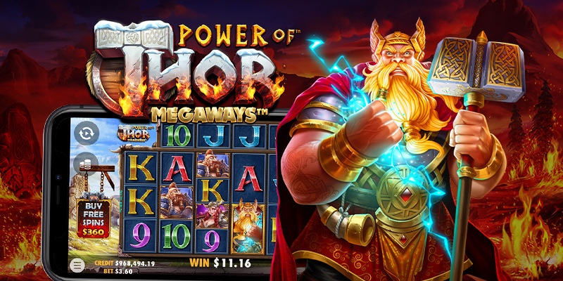 Pantalla de la tragamonedas Power of Thor Megaways de Pragmatic Play, con el dios nórdico Thor, su martillo Mjolnir y rayos sobre los rodillos