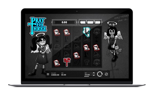 Pantalla de la tragamonedas Pray for Three de Hacksaw Gaming, con las hermanas Scary Mary y Morbid Magda en un escenario sombrío en blanco y negro con detalles a color
