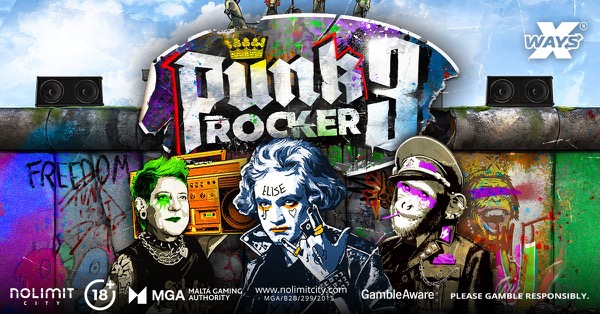 Arte oficial de la tragamonedas Punk Rocker 3 de Nolimit City, con arte callejero punk en Berlín