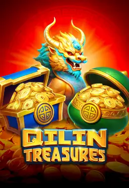 Arte oficial de la tragamonedas Qilin Treasures de TaDa Gaming, con la criatura mitológica Qilin, monedas de oro y cofres del tesoro