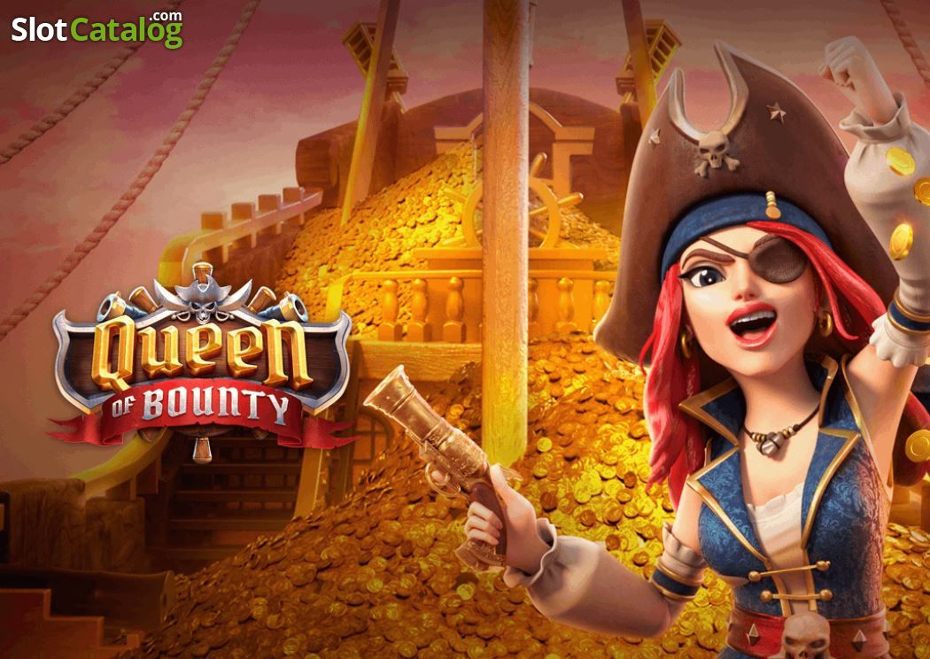 Arte promocional de la tragamonedas Queen of Bounty de PG Soft, con una capitana pirata, cofres y símbolos del mar