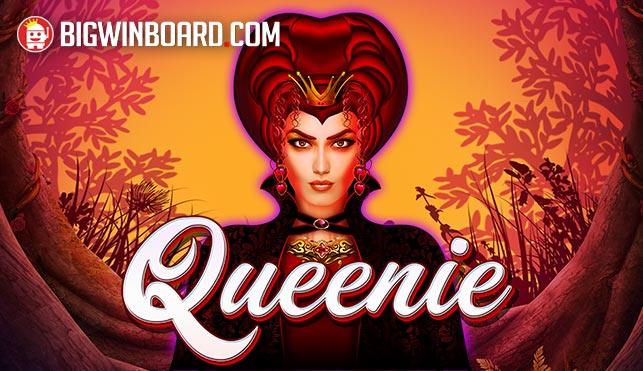 Pantalla de la tragamonedas Queenie, con la Reina de Corazones y símbolos de Alicia en el País de las Maravillas