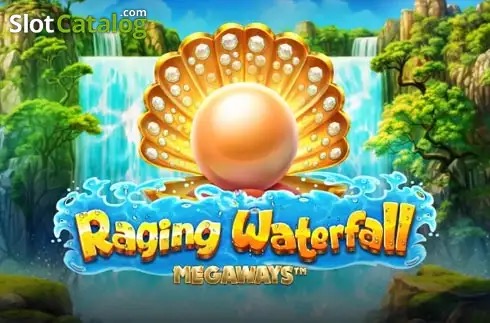Arte oficial de la tragamonedas Raging Waterfall Megaways de Pragmatic Play, con una cascada y criaturas acuáticas